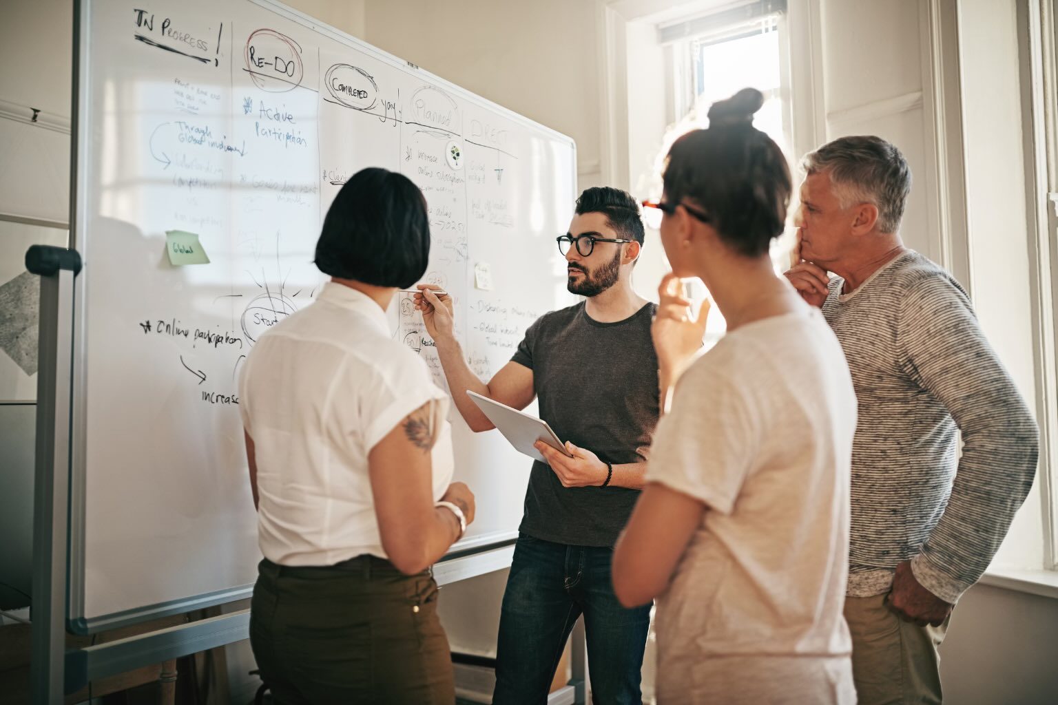 Team strategizing around a whiteboard during an Agency Triage Turnaround session, collaborating to solve business challenges and improve performance.